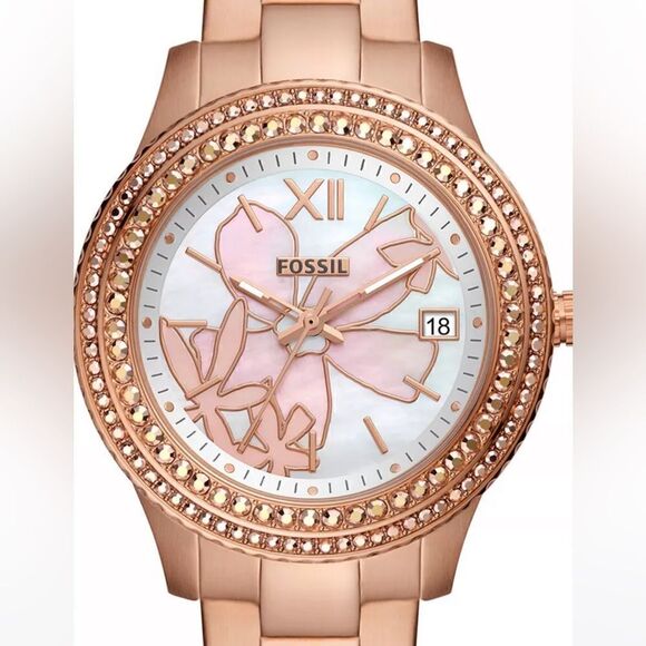 NWT FOSSIL Stella Three Hand, Rose Gold Tone Stainless Steel Bracelet Watch 37mm - Picture 1 of 5